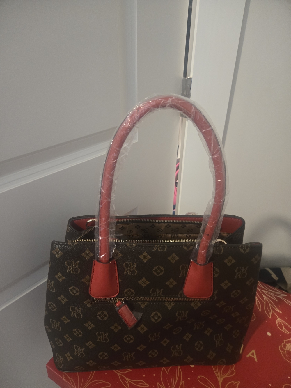 Brown Monogram Tote Bag with Red Trim